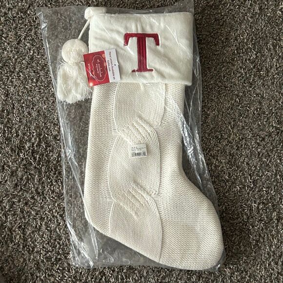 Winter White Knit Christmas Stocking 21” Monogram Initial T | w Plush Cuff NEW - Picture 2 of 5